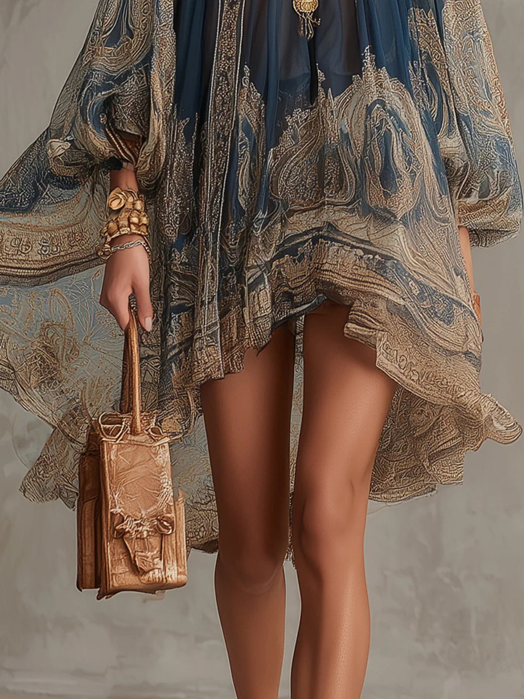 Rhean: Minivestido De Gasa Con Estampado Barroco Dorado