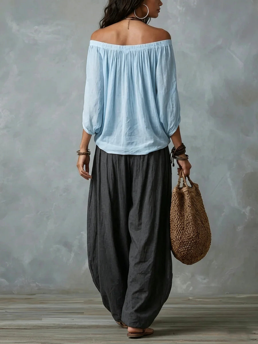 Joryna - Conjunto De Top Asimétrico y Pantalones Palazzo Anchos