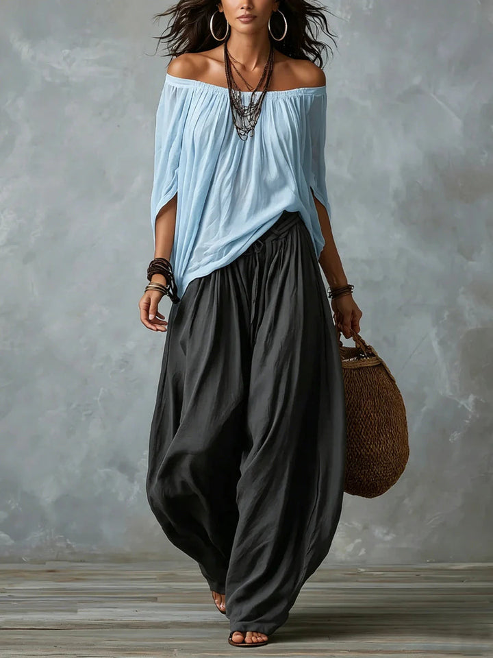 Joryna - Conjunto De Top Asimétrico y Pantalones Palazzo Anchos