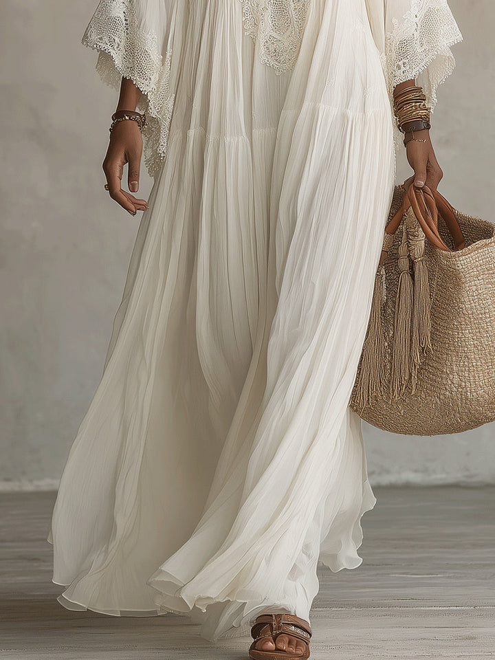 Shimmila - Vestido Largo De Gasa Con Mangas De Murciélago y Encaje