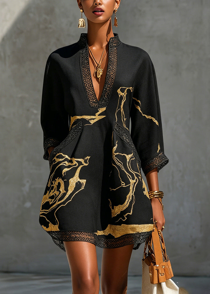 Arlinen - Minivestido Con Estampado De Mármol Dorado Y Encaje De Ganchillo