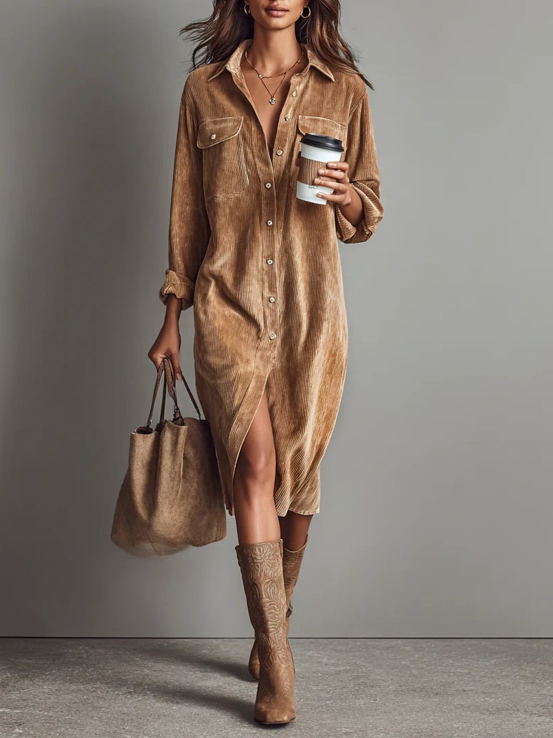 Nurcan - Vestido Camisero Con Textura de Pana y Bolsillos