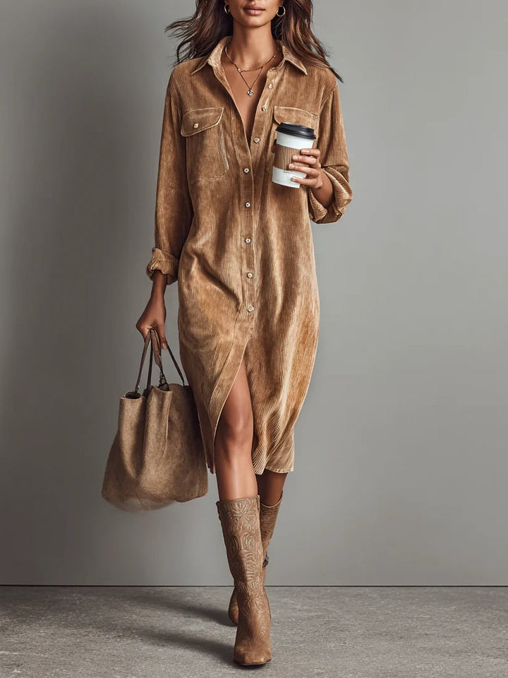 Nurcan - Vestido Camisero Con Textura de Pana y Bolsillos