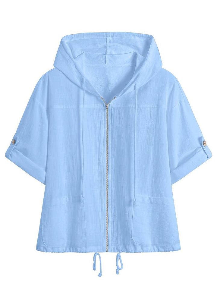 Senushi - Sudadera Holgada de Manga Corta Con Capucha y Cremallera