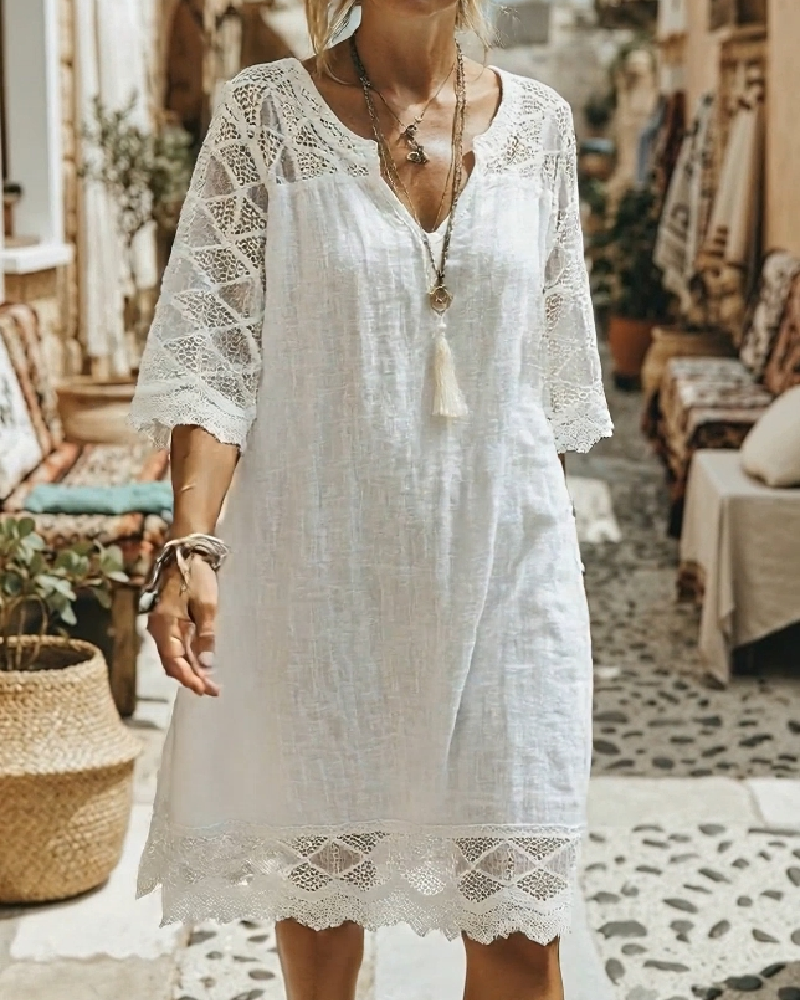 Kilina - Vestido De Encaje Con Cuello En V y Diseño De Retazos