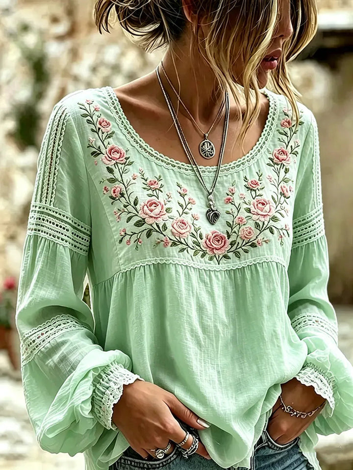Esraa - Blusa De Lino Con Cuello Bordado Con Motivos Florales