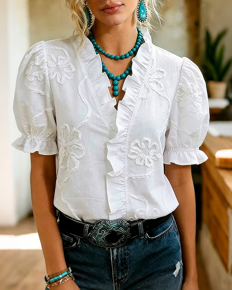 Lillynn - Blusa Con Cuello en V Ribete Con Volantes Y Mangas Abullonadas