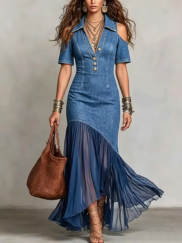 Presley - Vestido Largo Vaquero Con Detalle de Botones
