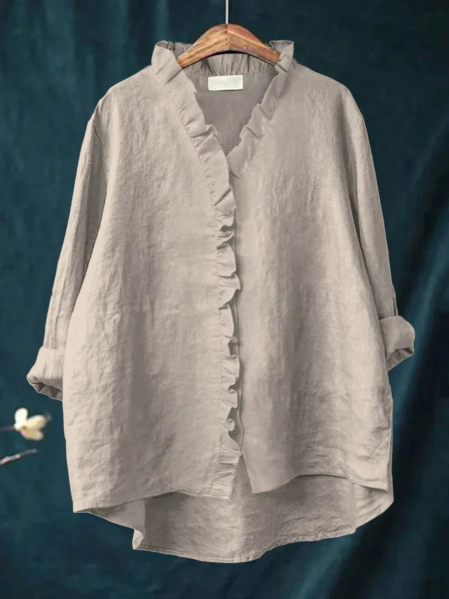 Sanela - Camisa Casual de Algodón y Lino con Volantes