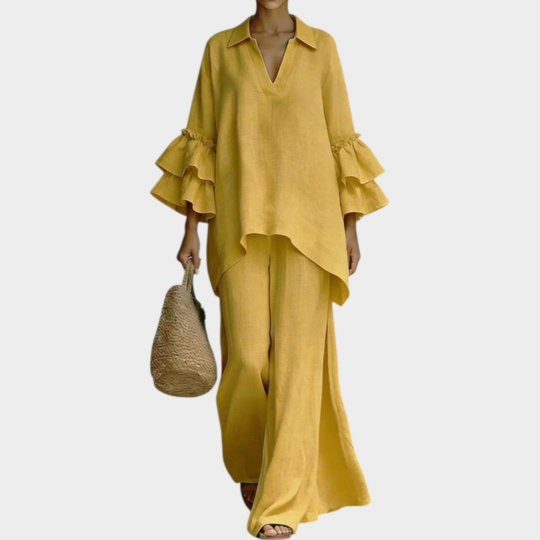 Fien - Elegante Top De Lino Y Pantalón Holgado De Pierna Ancha