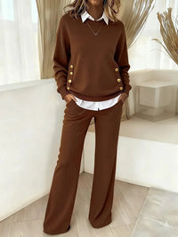 Zelyna - Conjunto de Dos Piezas con Top Abotonado y Pantalones de Pierna Ancha