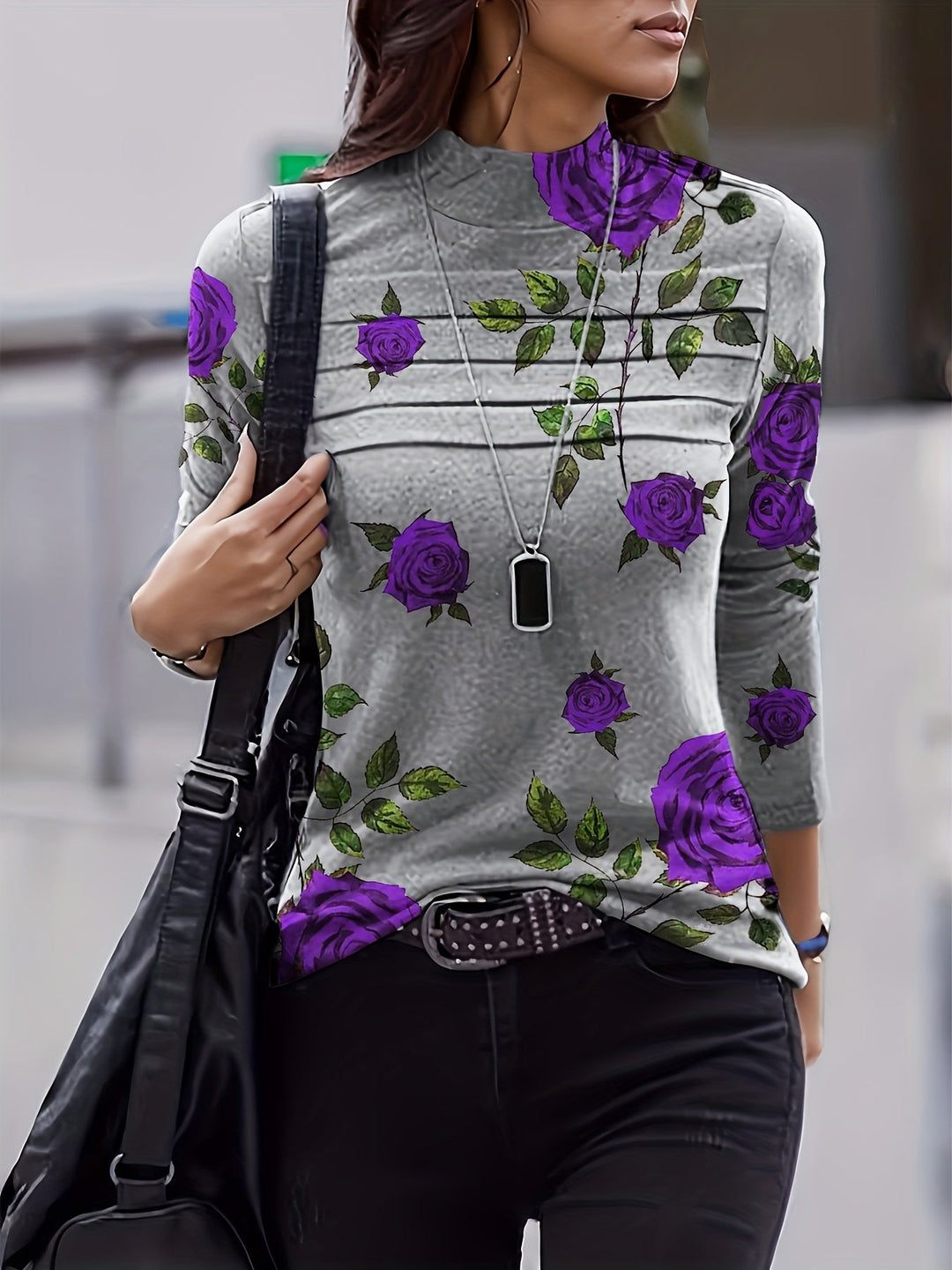 Emine - Top Estampado de Cuello Alto Con Detalle Plisado