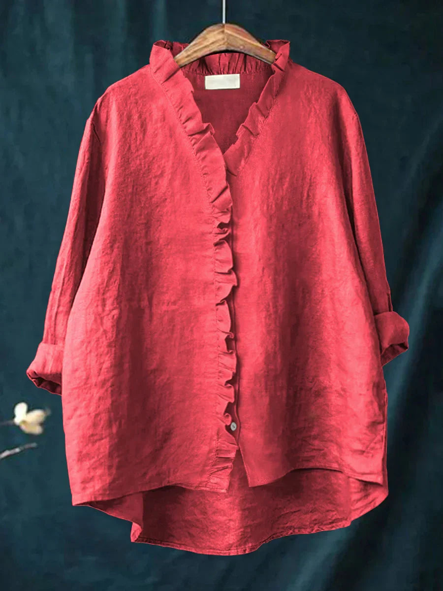 Sanela - Camisa Casual de Algodón y Lino con Volantes