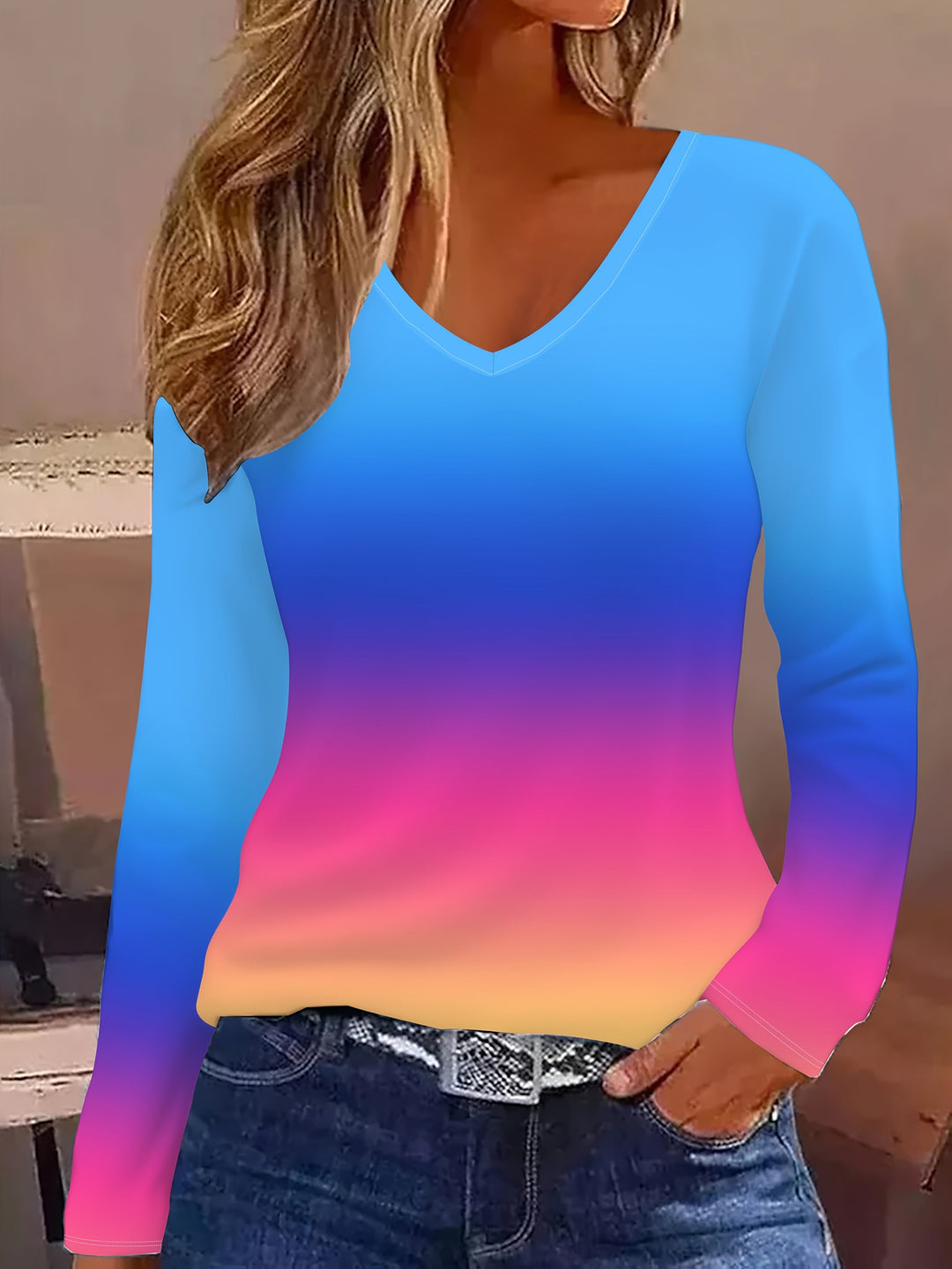 Samli - Camiseta De Manga Larga Con Cuello en V Y Diseño Degradado