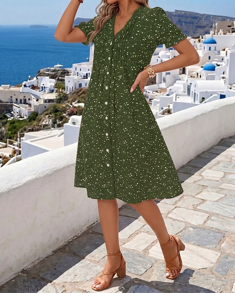 Dayma - Vestido Floral Con Cuello en V Y Botones en La Parte Delantera