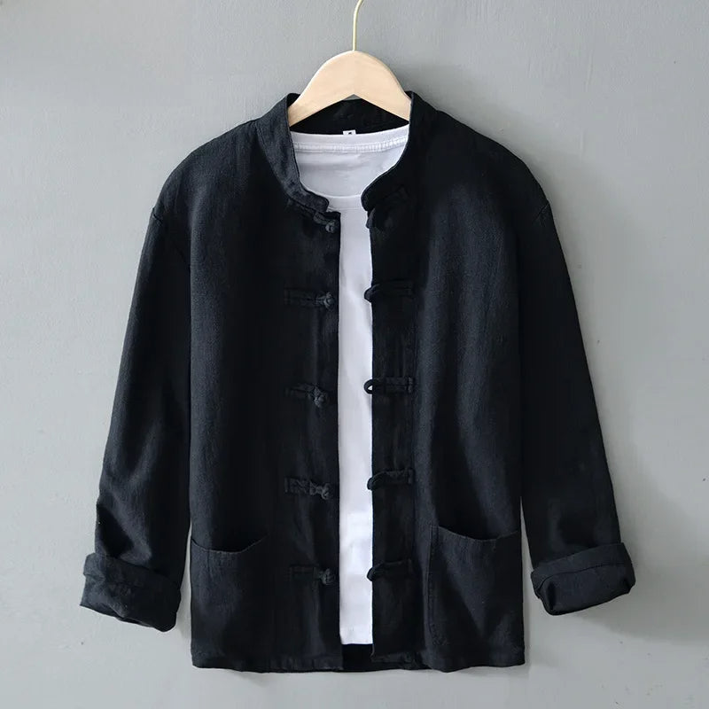 Ffinian - Camisa De Cuello Mao De Algodón Y Lino