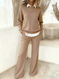 Zelyna - Conjunto de Dos Piezas con Top Abotonado y Pantalones de Pierna Ancha
