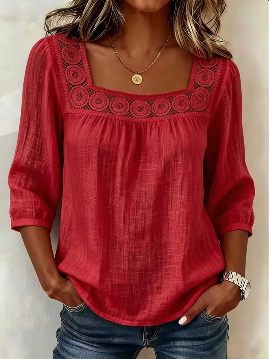 Nozomi - Blusa De Encaje Con Cuello Cuadrado Y Diseño De Retazos