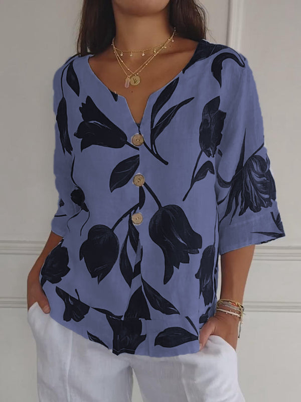 Despoina - Elegante Top Con Estampado Floral y Botones