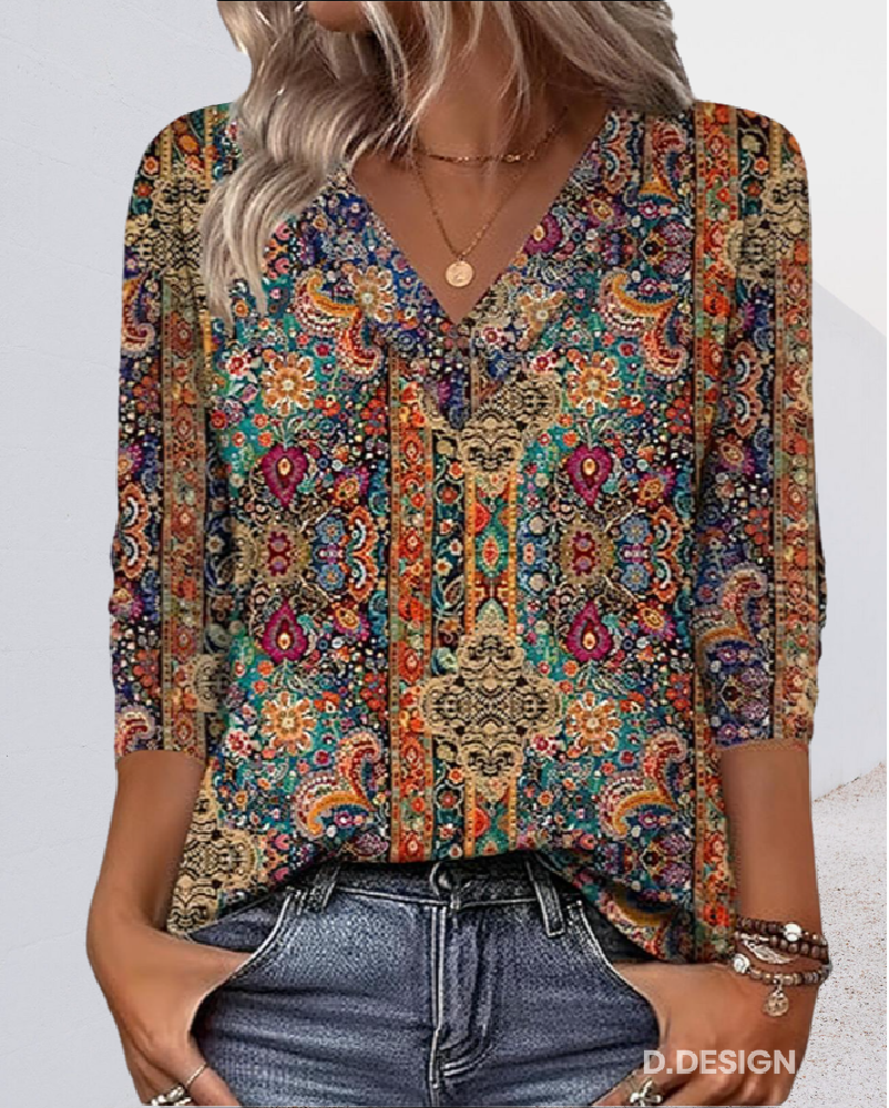 Eleeza - Blusa Con Cuello en V y Estampado Retro