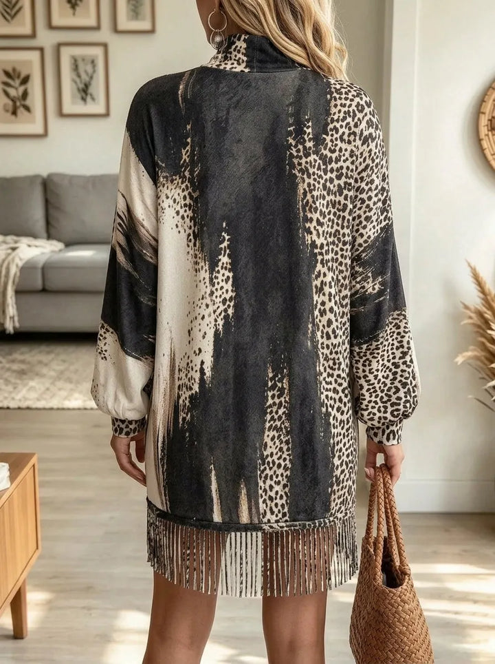 Jakisa – Vestido De Punto Con Estampado De Leopardo Y Bajo Con Flecos