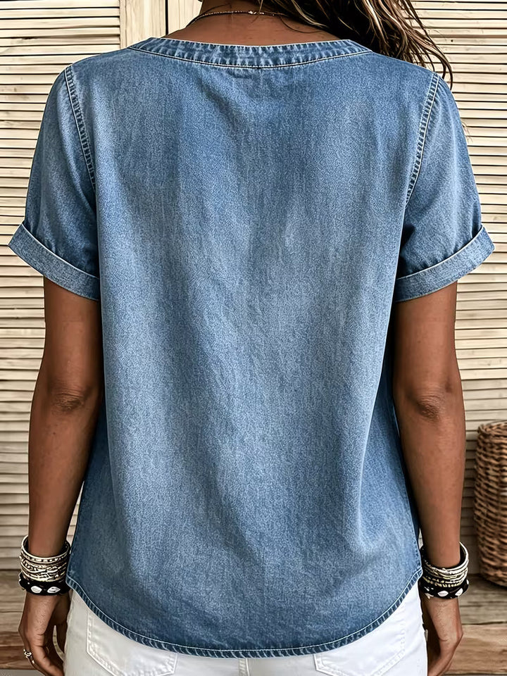 Ferina - Camiseta Vaquera De Manga Corta Con Efecto Desgastado