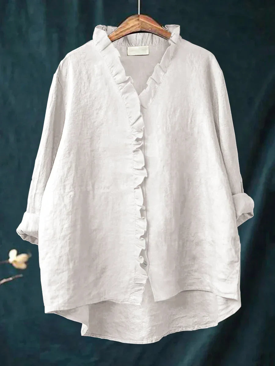 Sanela - Camisa Casual de Algodón y Lino con Volantes
