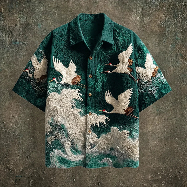 Francis - Camisa de Manga Corta con Estampado de Olas y Grullas
