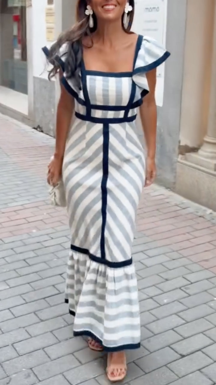 Lileeka - Vestido Largo De Cuello Cuadrado Con Rayas Mixtas