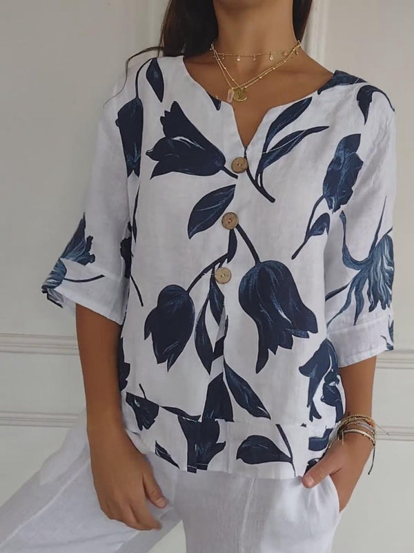 Despoina - Elegante Top Con Estampado Floral y Botones