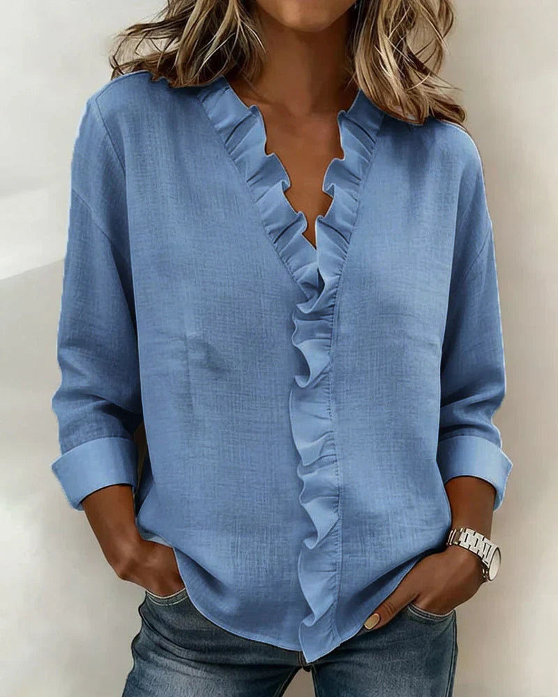 Pabasari - Elegante Blusa Con Cuello en V y Delicados Volantes