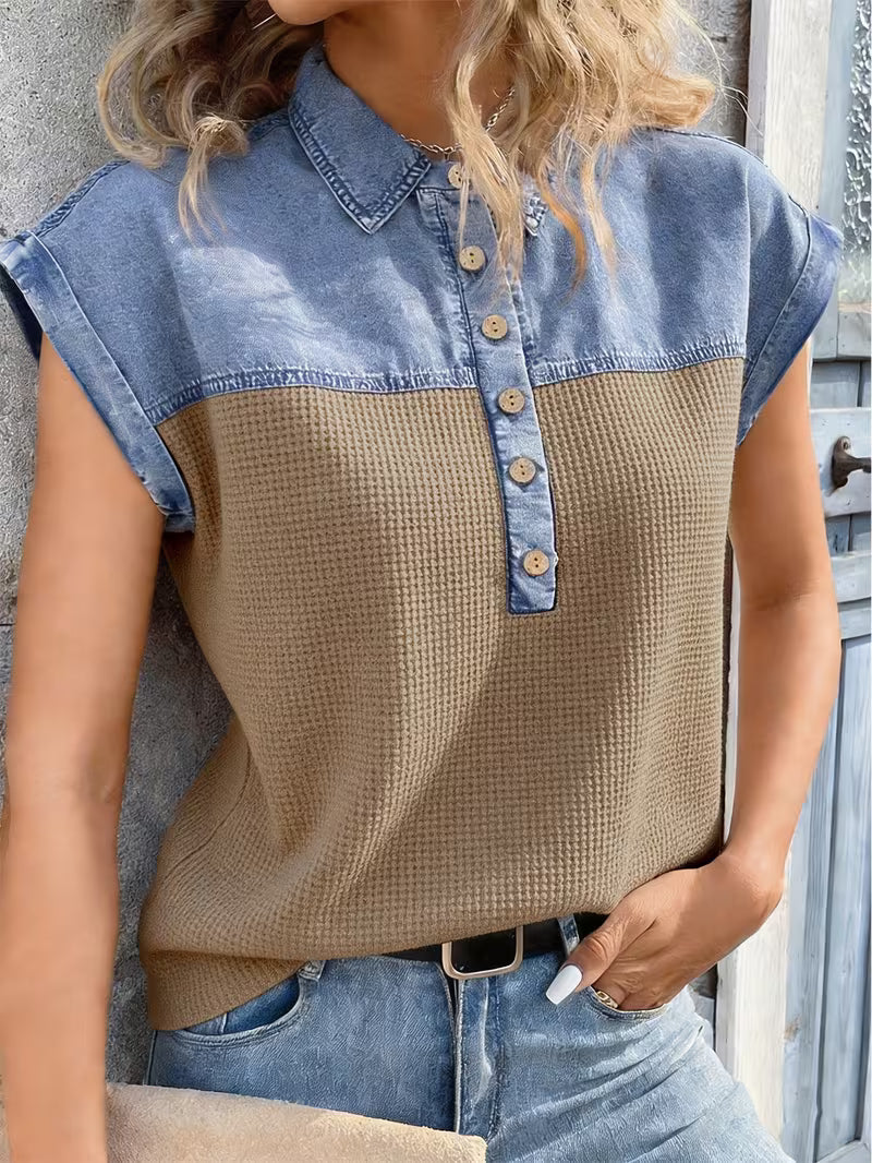 Haily - Camiseta Informal de Denim con Cuello de Patchwork y Manga Corta