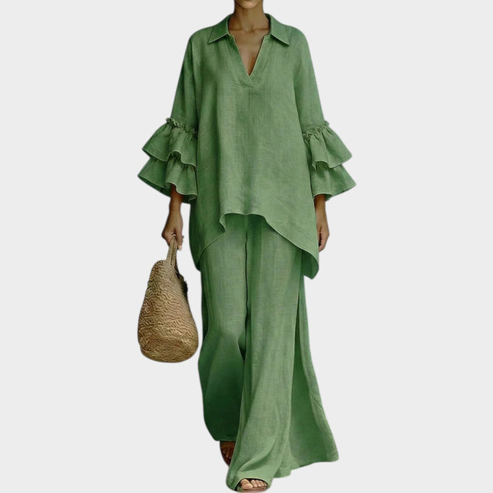 Fien - Elegante Top De Lino Y Pantalón Holgado De Pierna Ancha