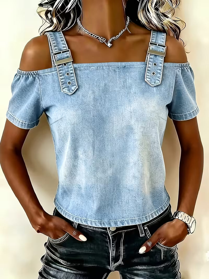 Kenia - Top de Denim con Hombros al aire y Manga Corta