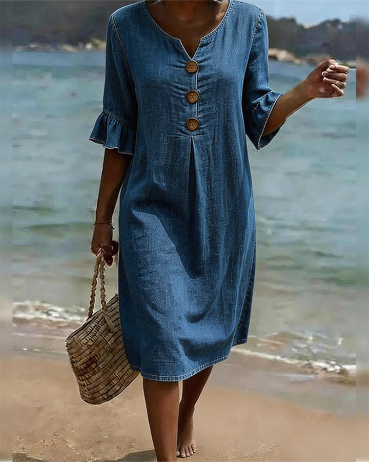 Fammke - Vestido Con Estampado De Hojas Y Mangas De Denim