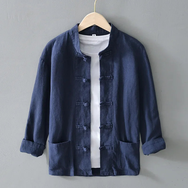 Ffinian - Camisa De Cuello Mao De Algodón Y Lino