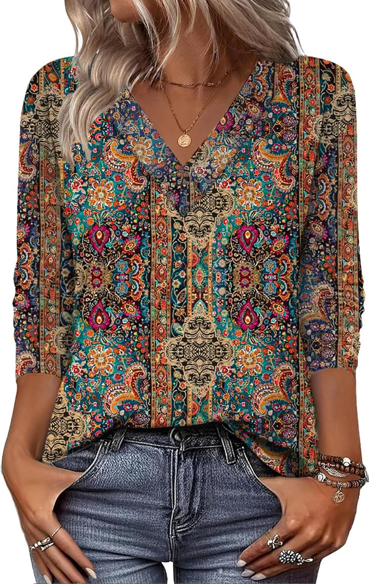 Eleeza - Blusa Con Cuello en V y Estampado Retro