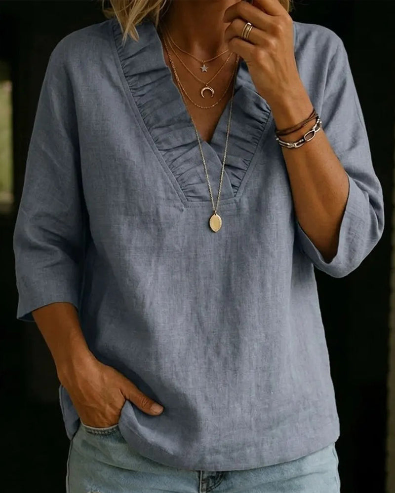 Elianne - Blusa Con Cuello En V y Volantes