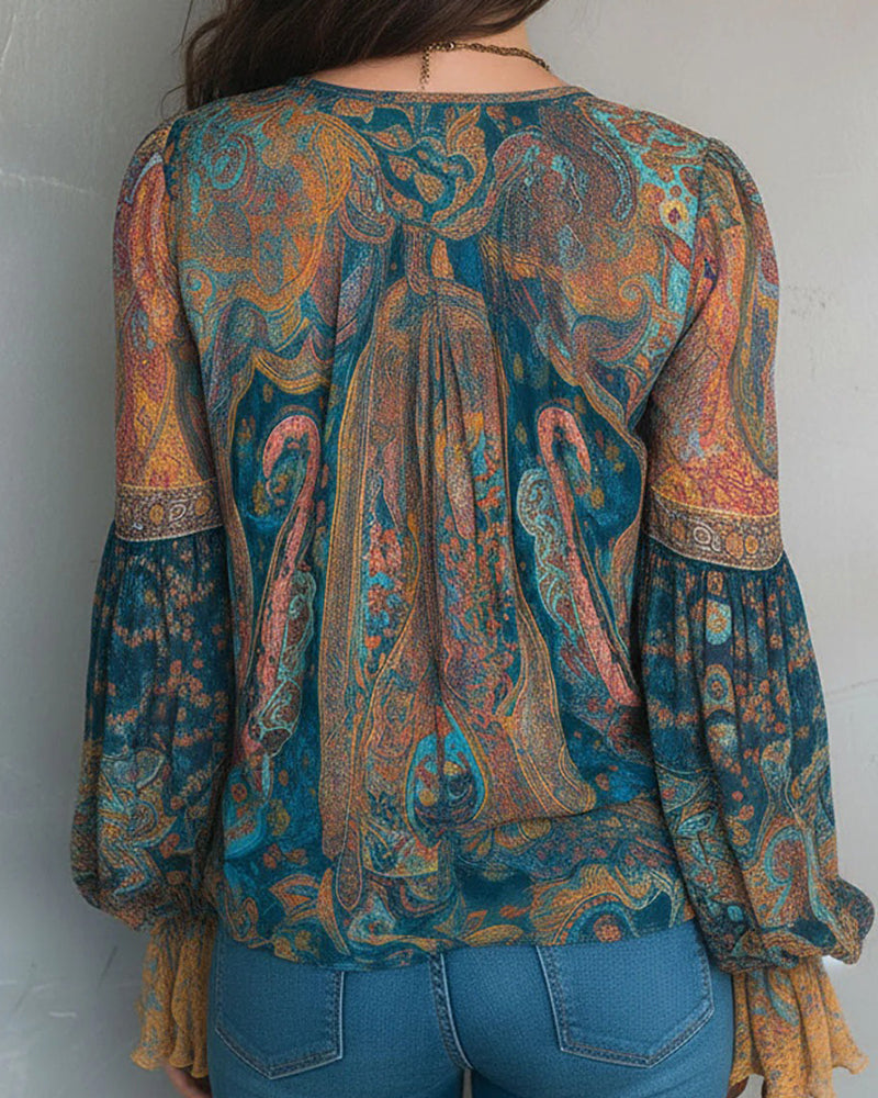 Izabella - Blusa De Cuello En V Estilo Bohemio Con Mangas Acampanadas