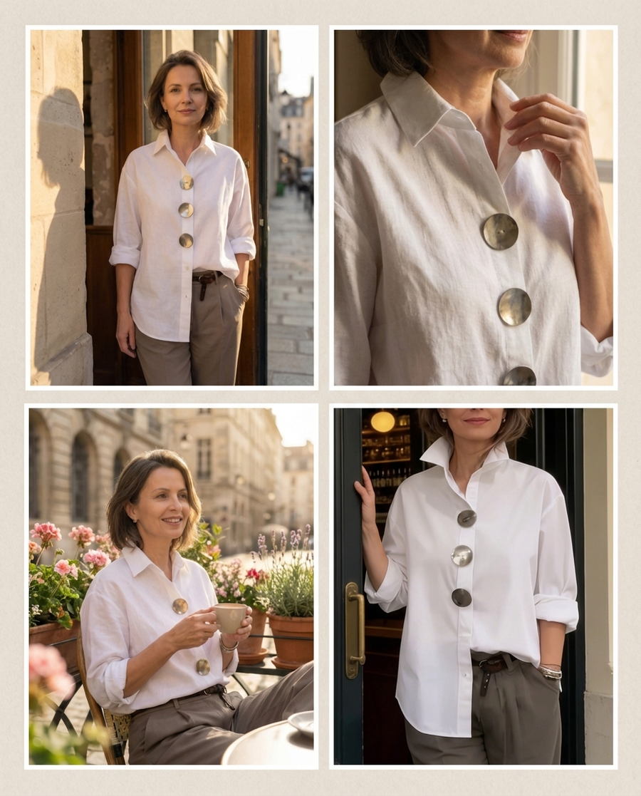 Shalani - Elegante Blusa de lino y Algodón Con Botones Metálicos