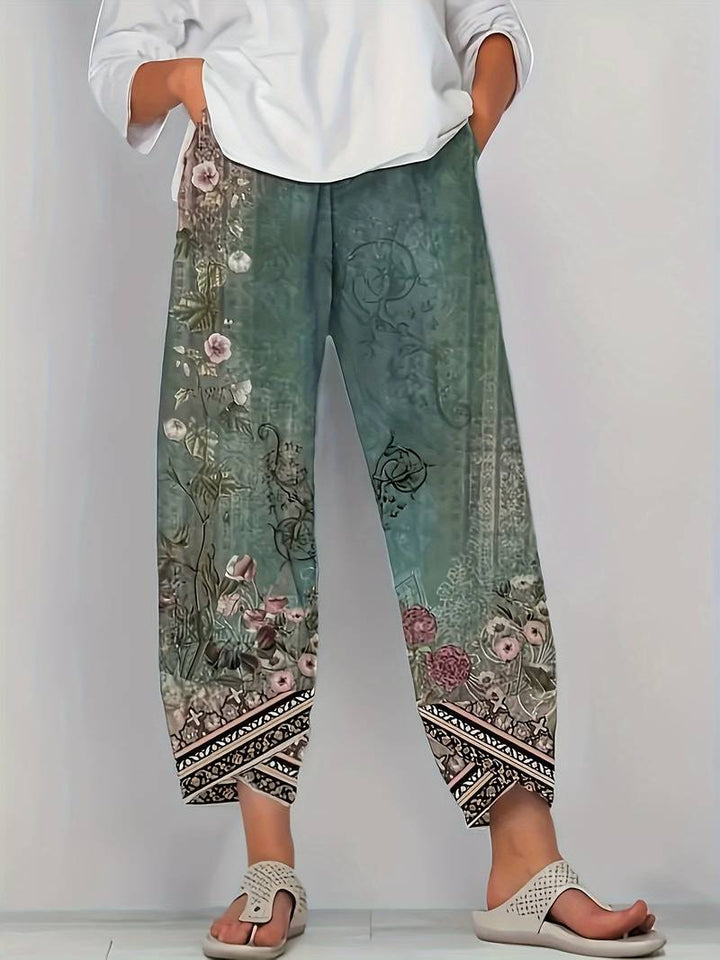 Thimasha - Pantalones Capri Con Estampado Floral Vintage y Cintura Elástica