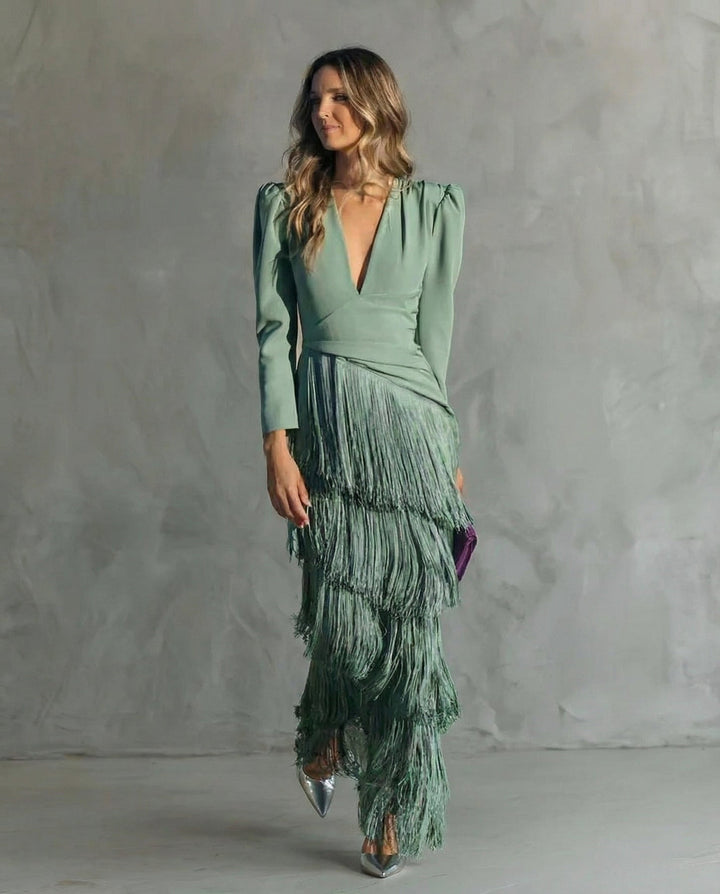 Nipuni - Vestido Eegante Con Mangas Con Flecos