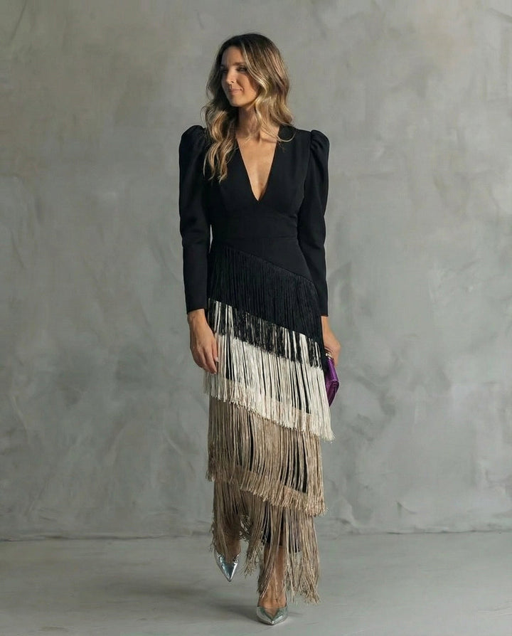 Nipuni - Vestido Eegante Con Mangas Con Flecos
