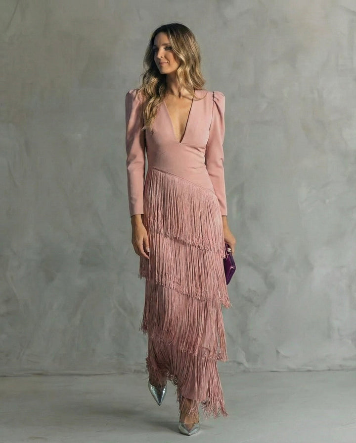 Nipuni - Vestido Eegante Con Mangas Con Flecos