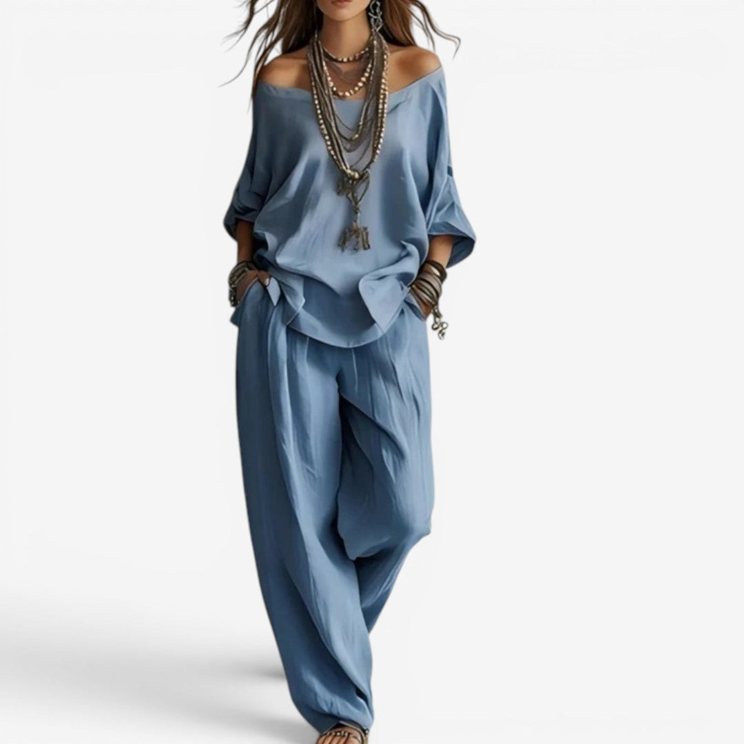 Shompa - Conjunto De Top Oversize Con Hombros Al Aire Y Pantalones De Pierna Ancha