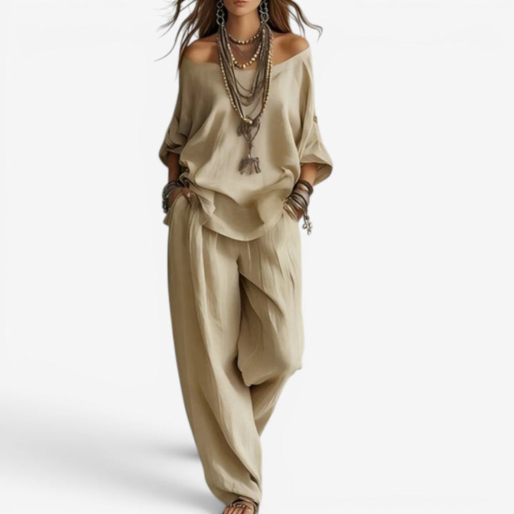 Shompa - Conjunto De Top Oversize Con Hombros Al Aire Y Pantalones De Pierna Ancha