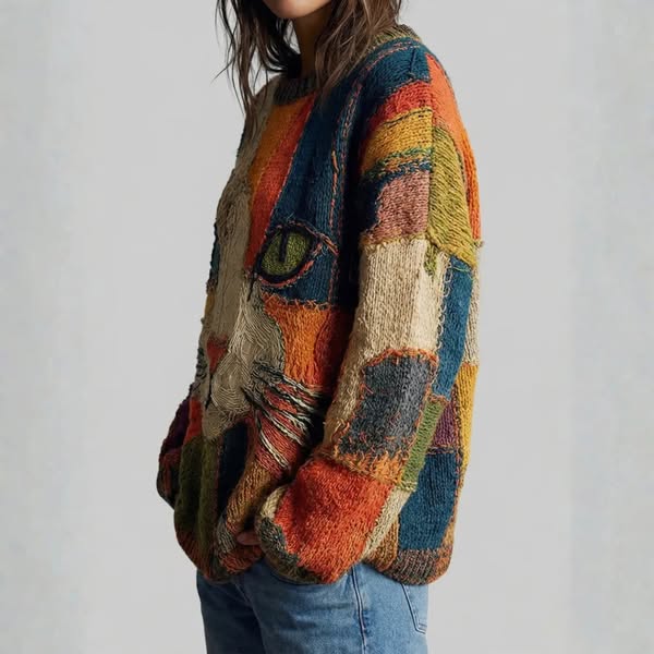 Chaya - Top Informal Con Estampado Artístico de Patchwork Con Cara de Gato
