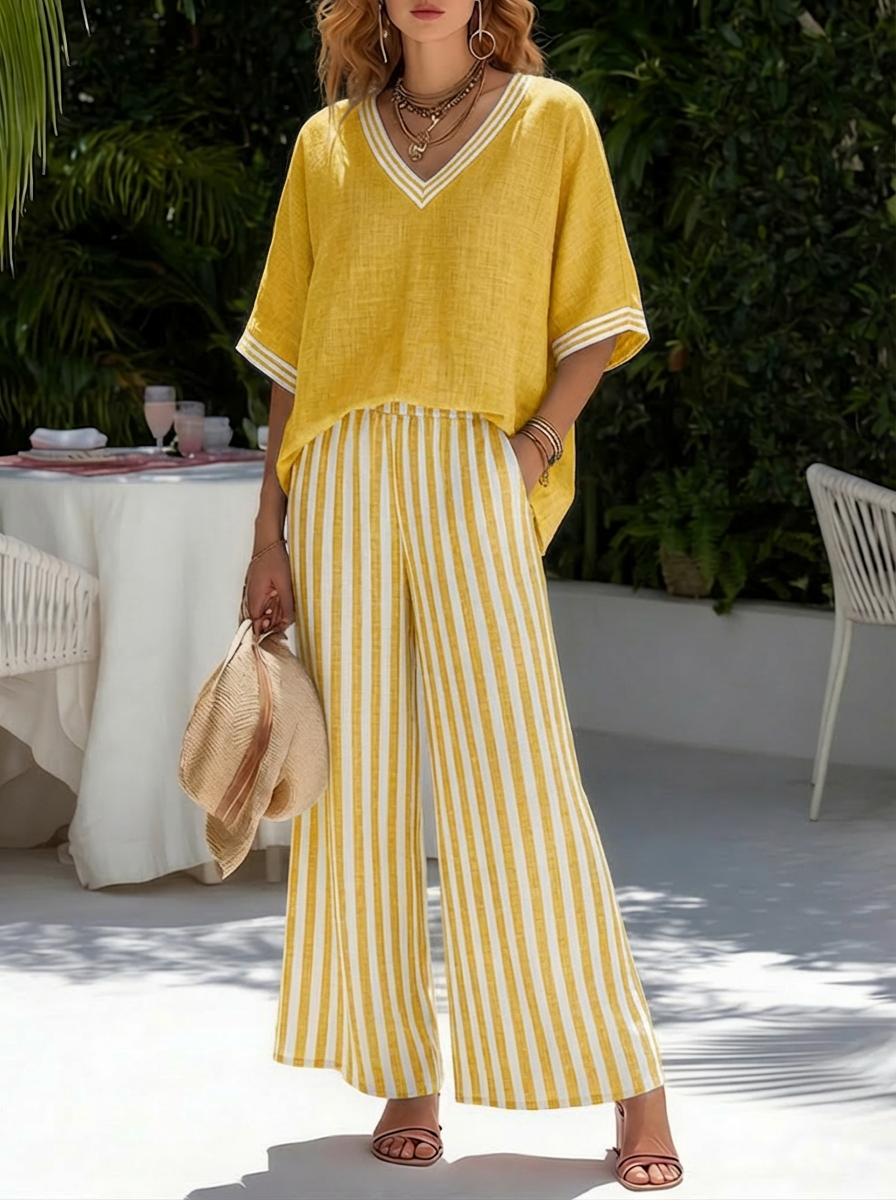 Rashika - Conjunto Elegante e Informal de Lino y Algodón a Rayas