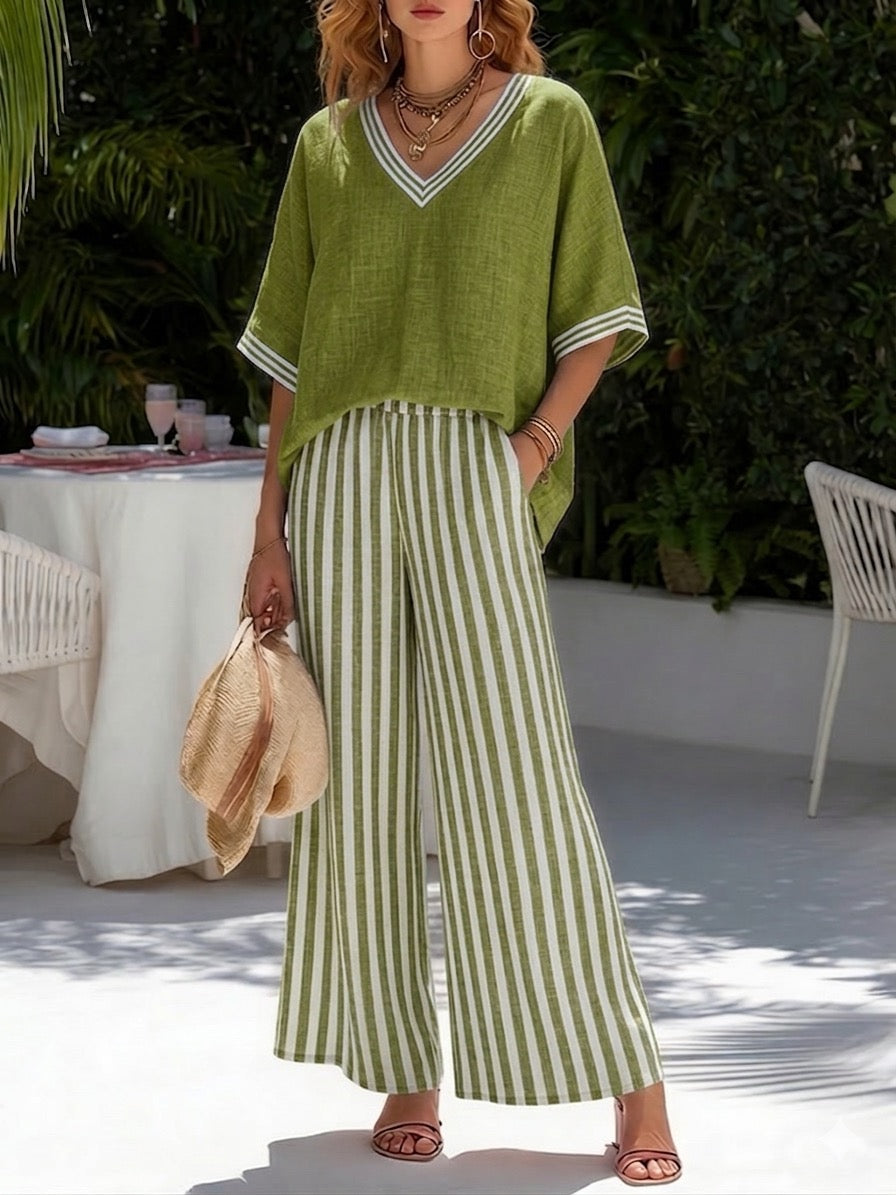 Rashika - Conjunto Elegante e Informal de Lino y Algodón a Rayas