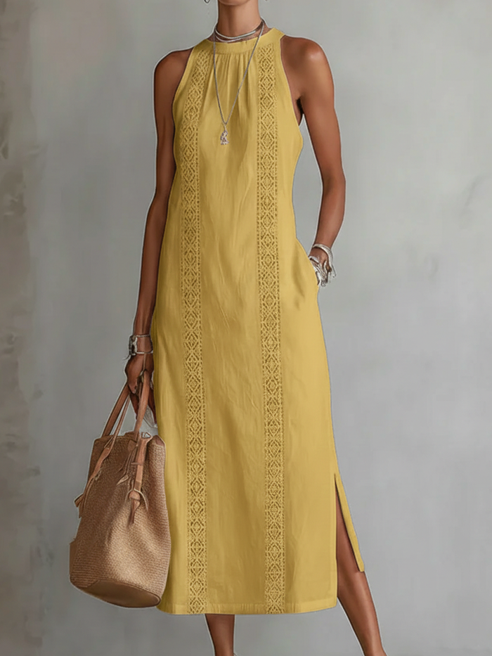 Devindi - Vestido Midi de Lino Con Cuello Mao